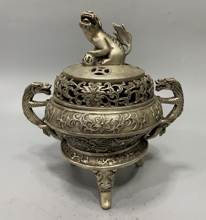 China White copper double dragon Incense burner crafts statue