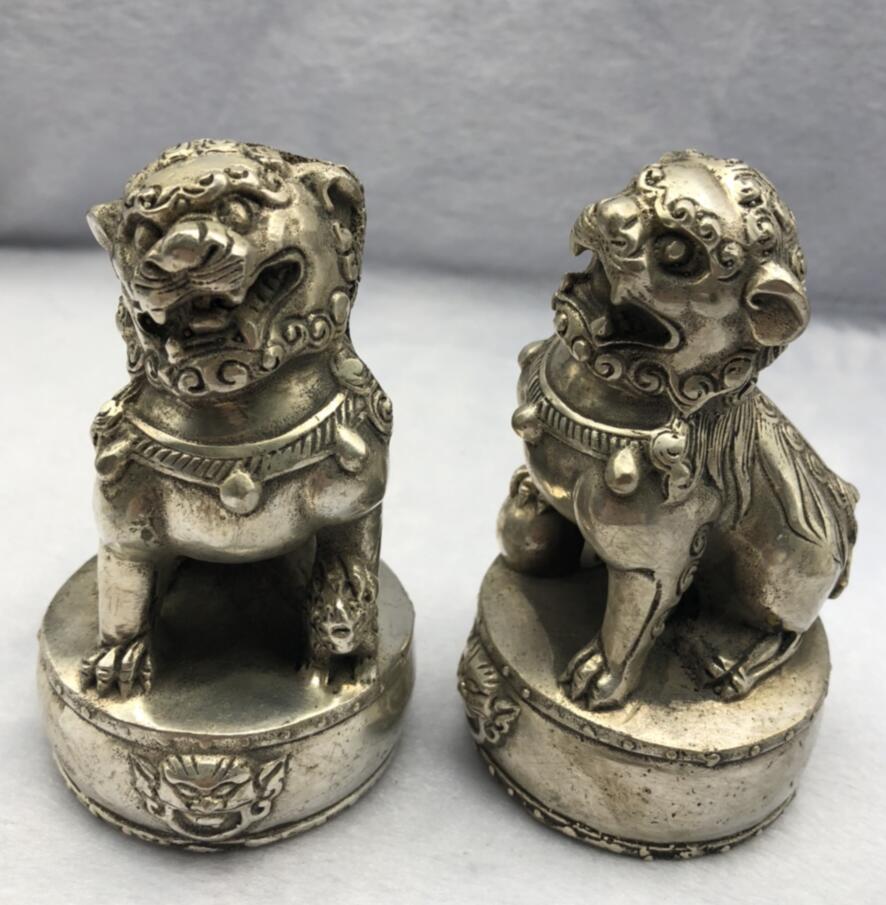 Chinese White copper lion Step on drum crafts statue A pair