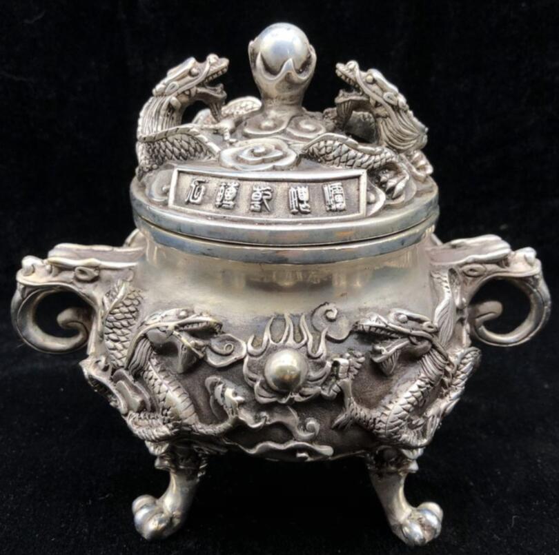 China White copper two dragon play bead Incense burner crafts statue