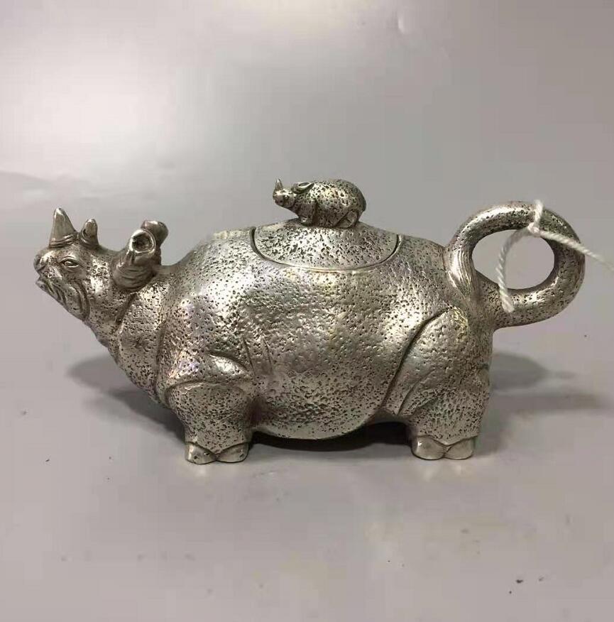 Chinese White copper rhino shape crafts statue