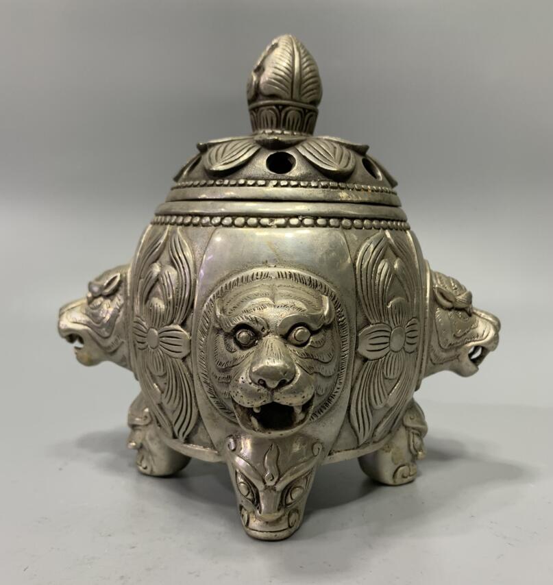 China White copper tiger head Incense burner crafts statue