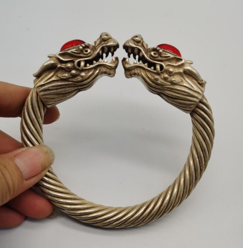 China White copper archaize double dragon head Bracelet