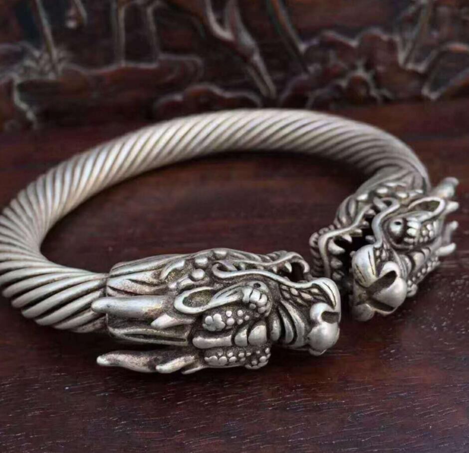 China White copper archaize double dragon head Bracelet