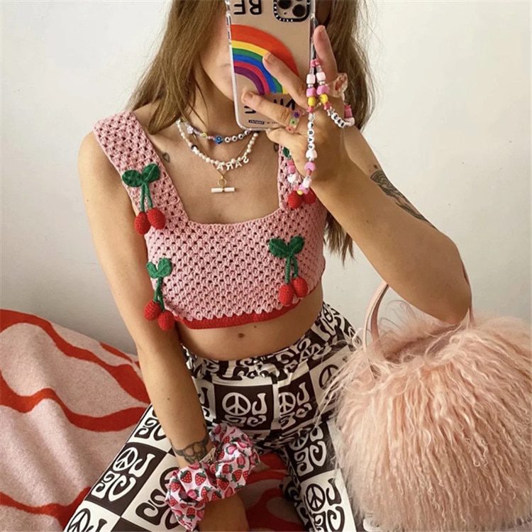 Women Crochet Cherry Hollow out BOHO Beach Crop Top Cropped Tank