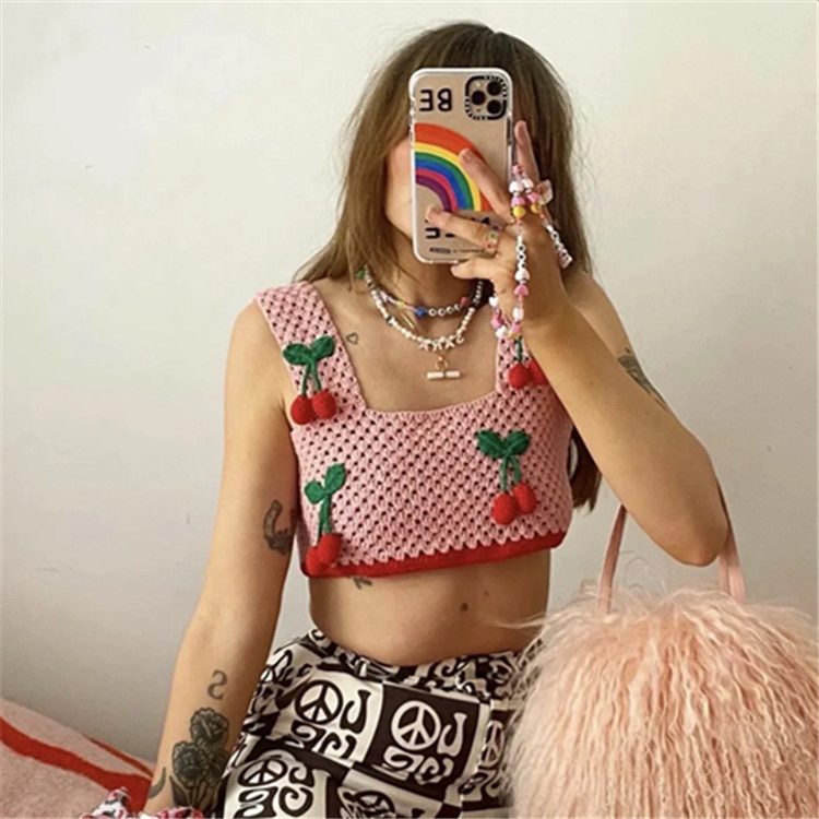 Women Crochet Cherry Hollow out BOHO Beach Crop Top Cropped Tank