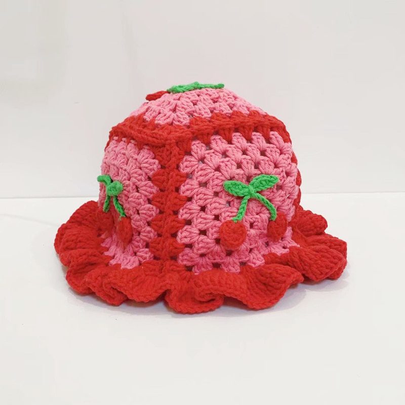 Women Crochet Hand-made Cherry Knit Red Pink Bucket Hat Ladies Cap Fishman Panama