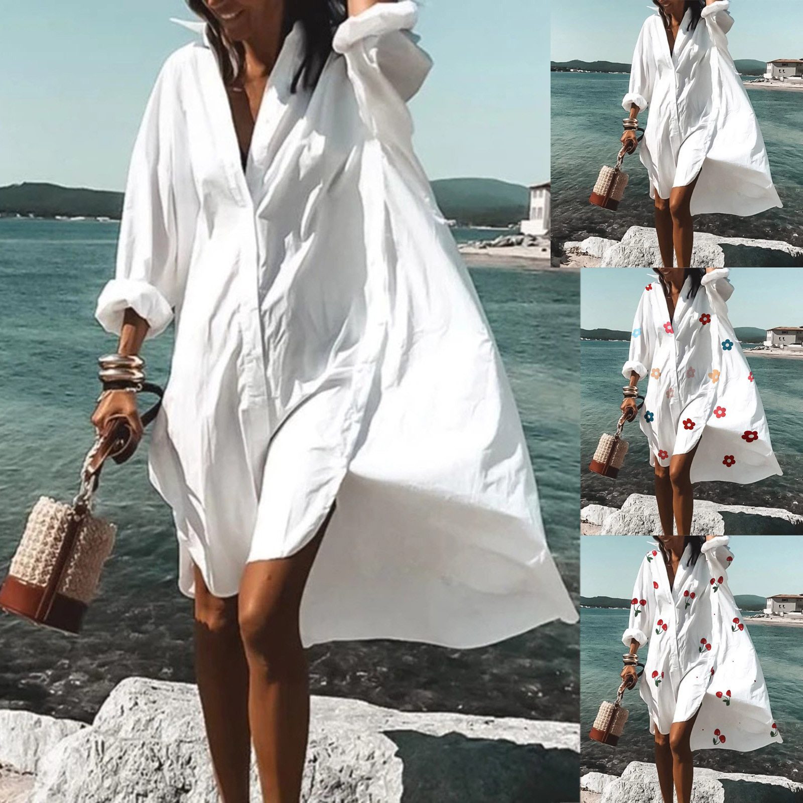 Cherry Shirt Dress Swing Long Sleeve Casual Holiday Beach Dress