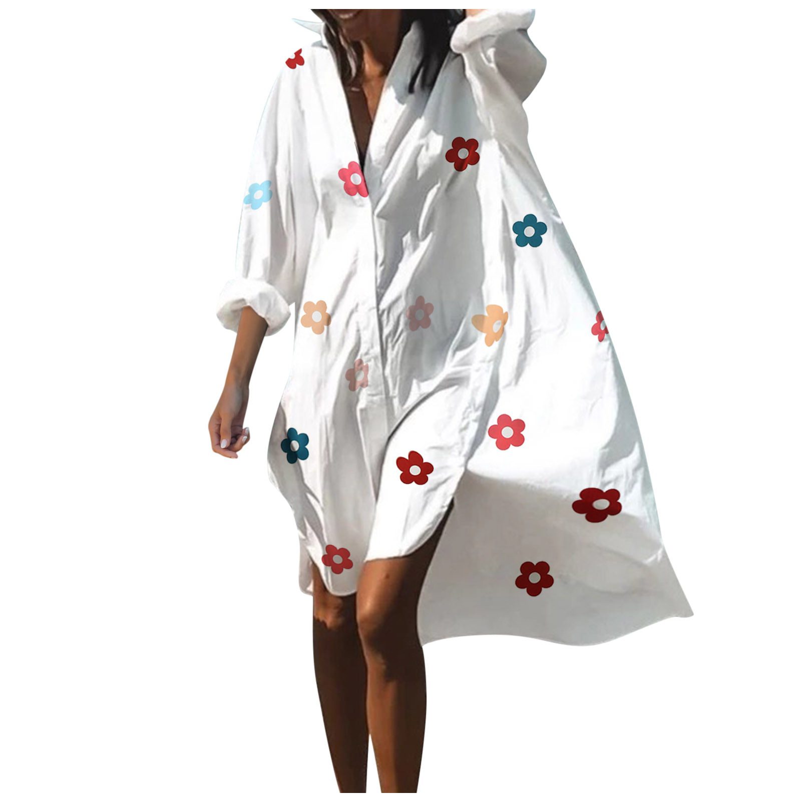 Cherry Shirt Dress Swing Long Sleeve Casual Holiday Beach Dress