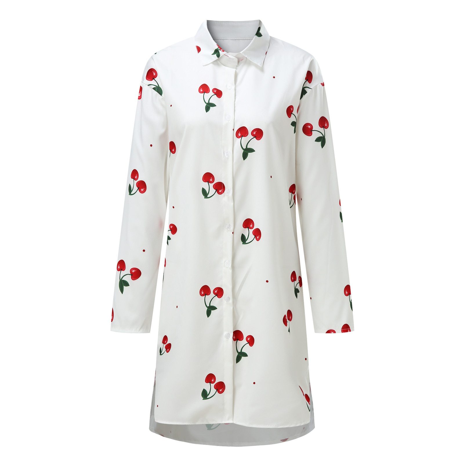 Cherry Shirt Dress Swing Long Sleeve Casual Holiday Beach Dress