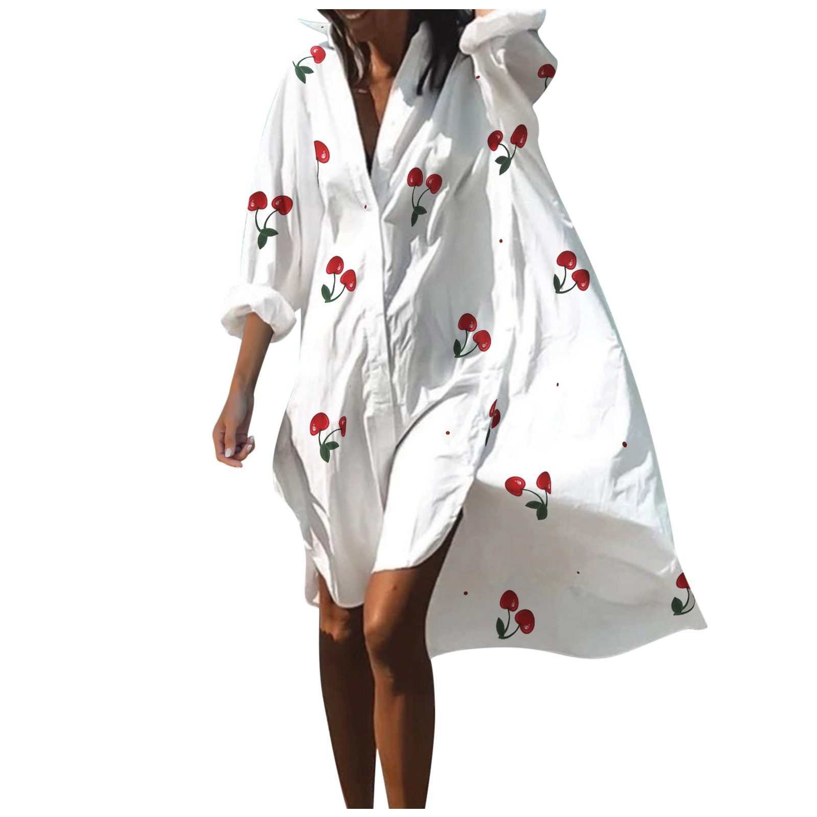 Cherry Shirt Dress Swing Long Sleeve Casual Holiday Beach Dress