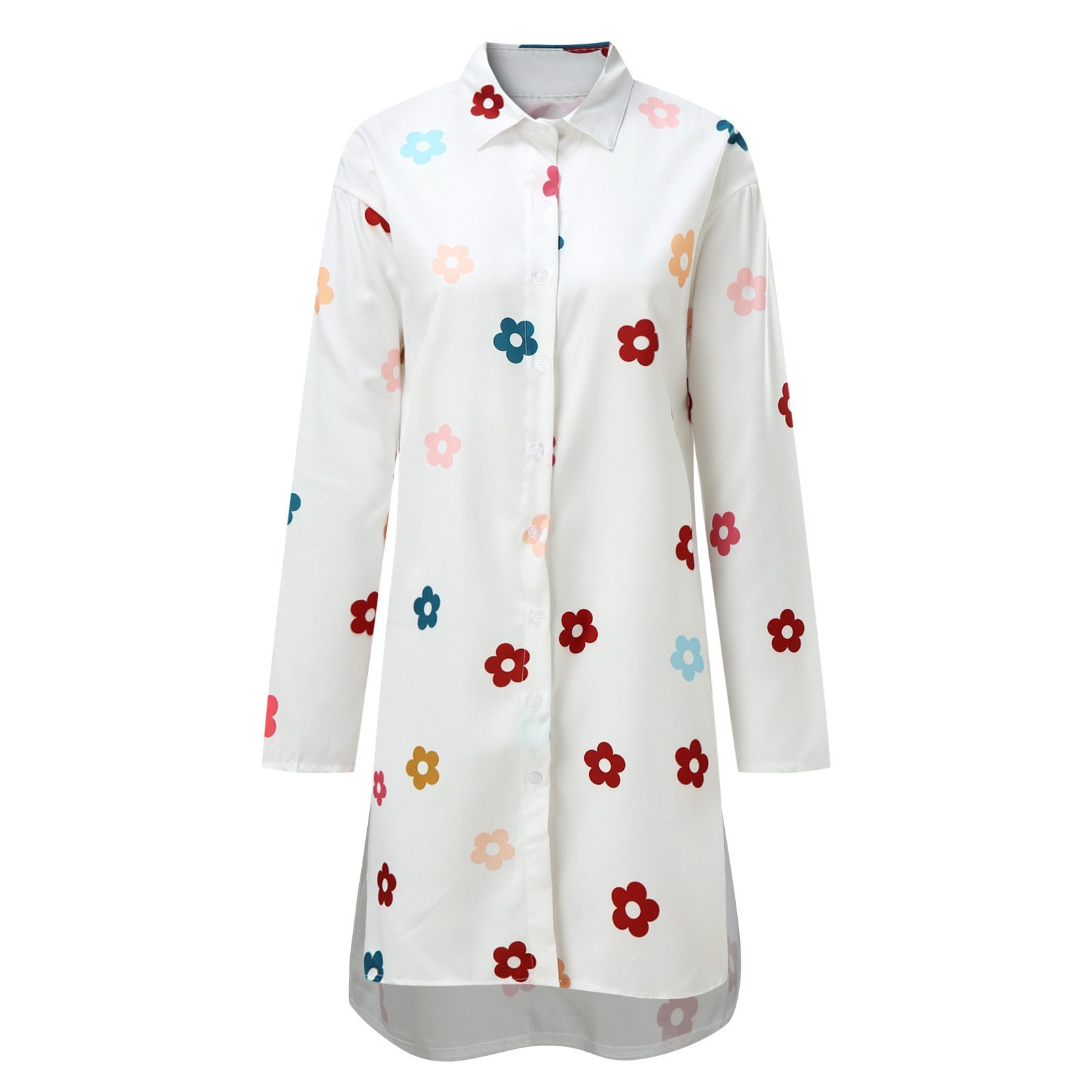 Cherry Shirt Dress Swing Long Sleeve Casual Holiday Beach Dress