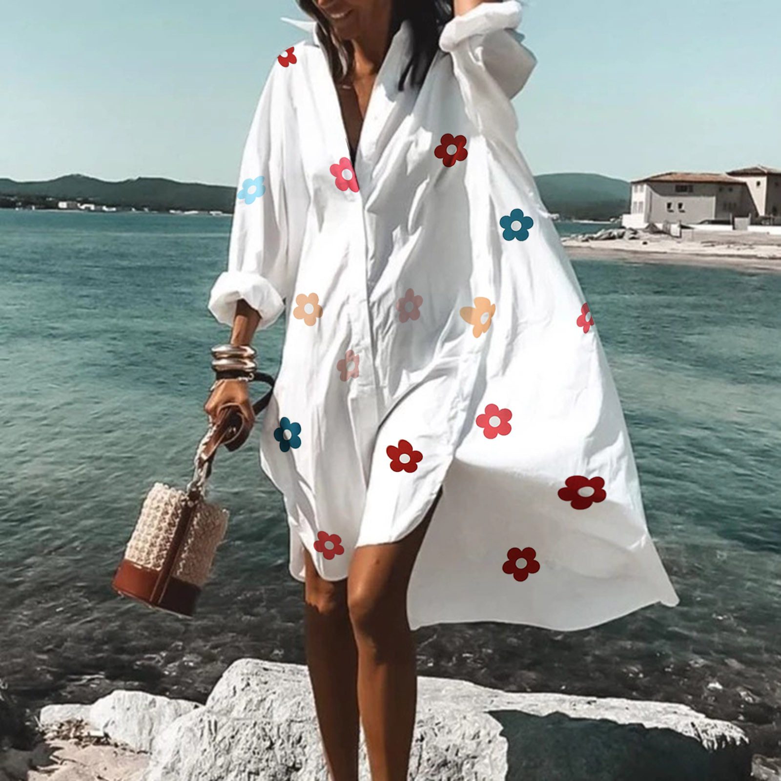 Cherry Shirt Dress Swing Long Sleeve Casual Holiday Beach Dress