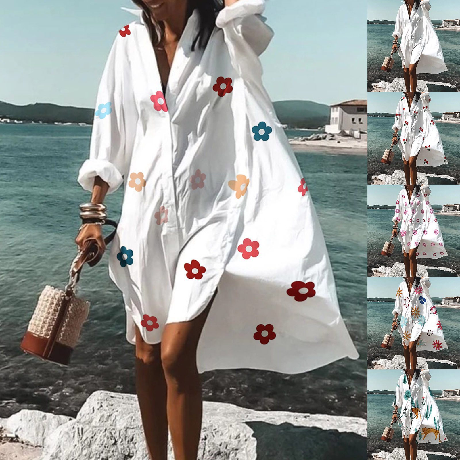 Cherry Shirt Dress Swing Long Sleeve Casual Holiday Beach Dress