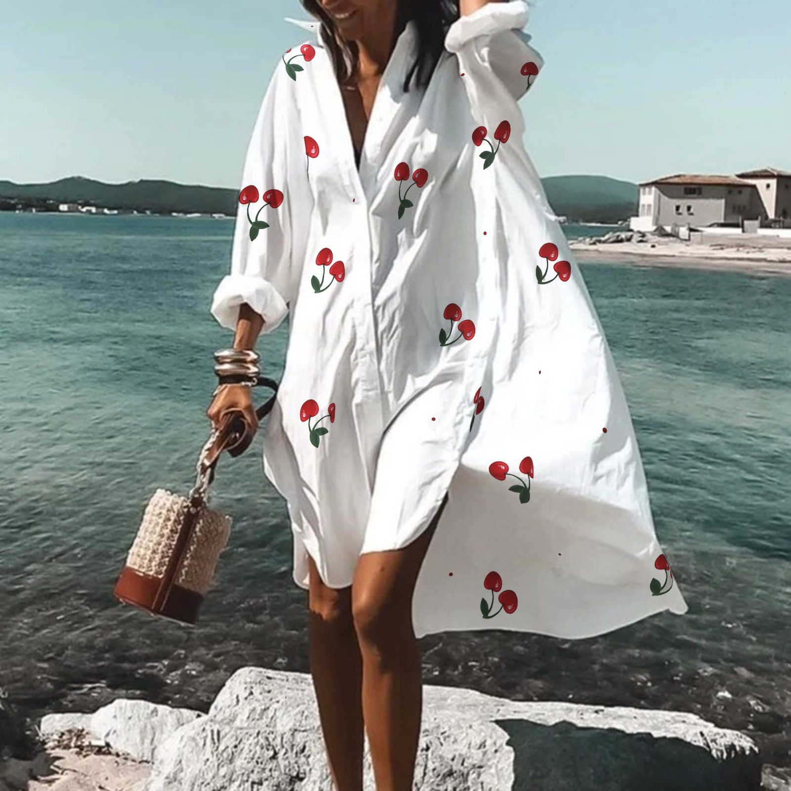 Cherry Shirt Dress Swing Long Sleeve Casual Holiday Beach Dress