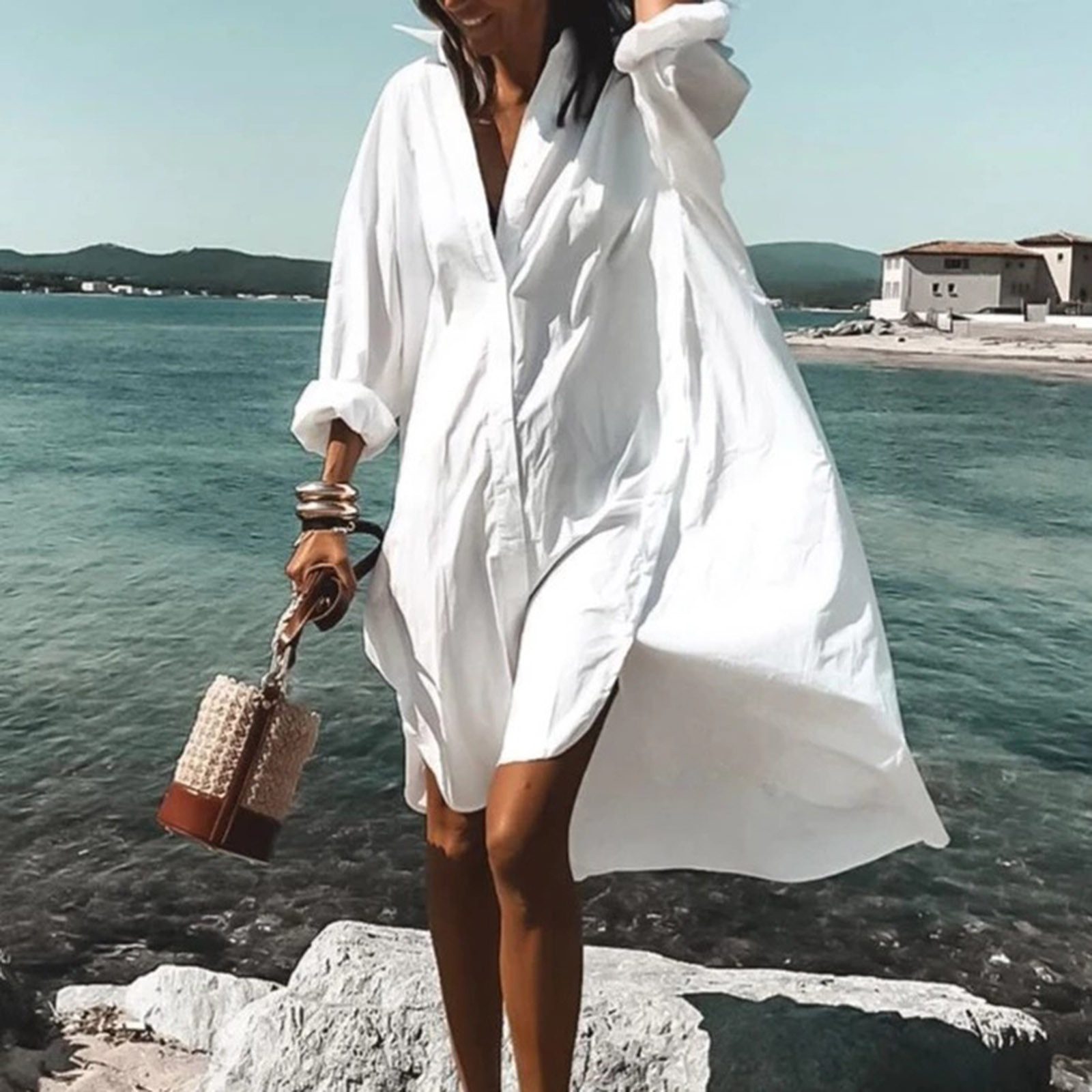 Cherry Shirt Dress Swing Long Sleeve Casual Holiday Beach Dress