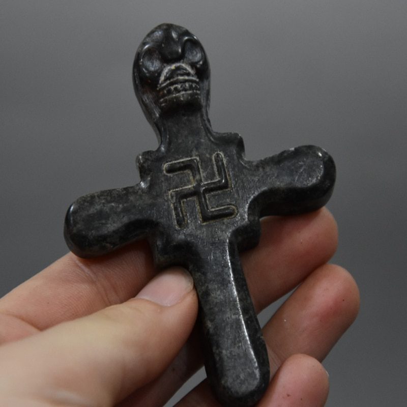 Tibet Hongshan Culture Natural Meteorite Cross Carving Mascot Collection Pendant Accessories Necklace Decoration Statue