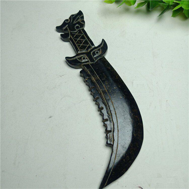 China Hongshan Culture Meteorite Iron Stone Carved Crafts Tiger Head Knife Props Statues for Decoration Collection Ornaments