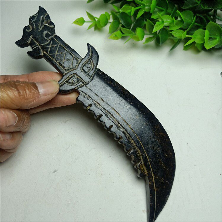 China Hongshan Culture Meteorite Iron Stone Carved Crafts Tiger Head Knife Props Statues for Decoration Collection Ornaments