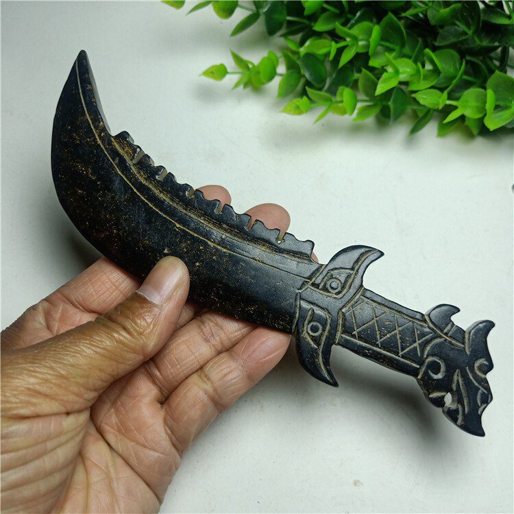 China Hongshan Culture Meteorite Iron Stone Carved Crafts Tiger Head Knife Props Statues for Decoration Collection Ornaments