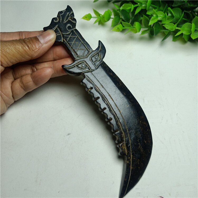 China Hongshan Culture Meteorite Iron Stone Carved Crafts Tiger Head Knife Props Statues for Decoration Collection Ornaments