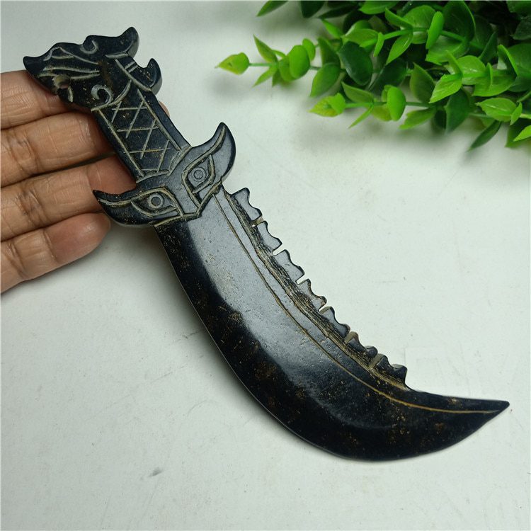 China Hongshan Culture Meteorite Iron Stone Carved Crafts Tiger Head Knife Props Statues for Decoration Collection Ornaments