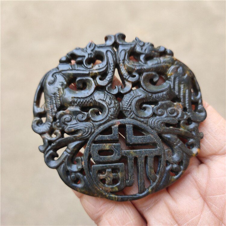 Tibet Hongshan Culture Natural Meteorite Dragon and Phoenix Blessing Character Longevity Figurine Mascot Collection Decoration