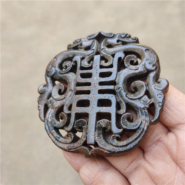 Tibet Hongshan Culture Natural Meteorite Dragon and Phoenix Blessing Character Longevity Figurine Mascot Collection Decoration