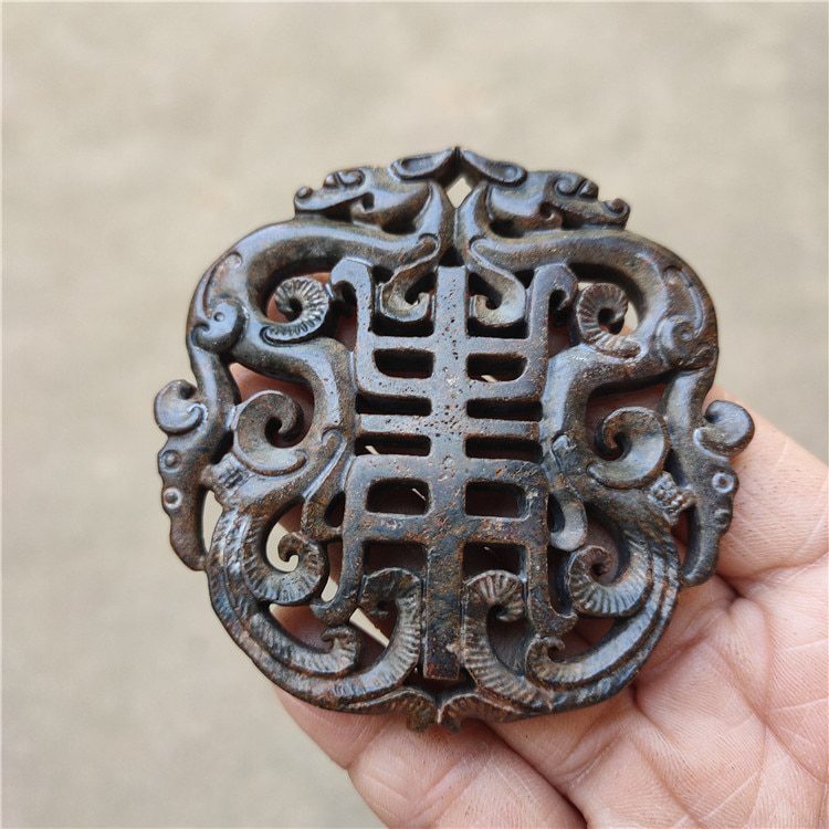 Tibet Hongshan Culture Natural Meteorite Dragon and Phoenix Blessing Character Longevity Figurine Mascot Collection Decoration