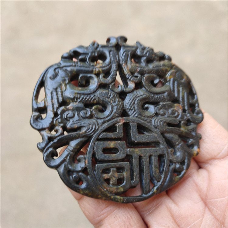 Tibet Hongshan Culture Natural Meteorite Dragon and Phoenix Blessing Character Longevity Figurine Mascot Collection Decoration