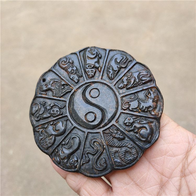 Tibet Hongshan Culture Natural Meteorite Statue Zodiac Sign Tai Chi Gossip Inkstone Collection Decoration Pendant Desk Mascot