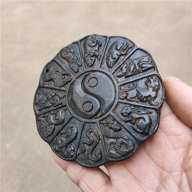 Tibet Hongshan Culture Natural Meteorite Statue Zodiac Sign Tai Chi Gossip Inkstone Collection Decoration Pendant Desk Mascot