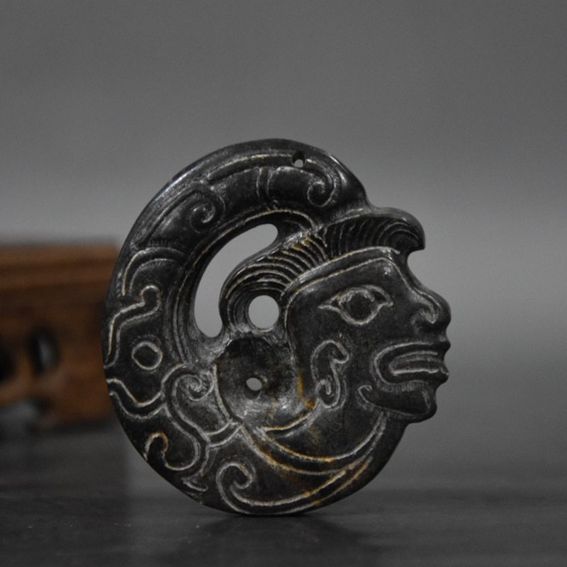 Tibet Hongshan Culture Natural Meteorite Face Sun God Carving Mascot Collection Pendant Accessories Decoration Gift Figurines