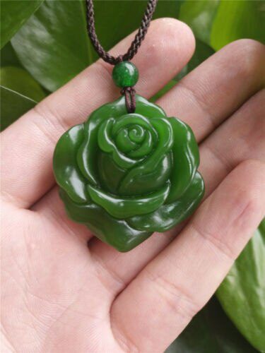 Fashion Natural Green Jade Rose Necklace Pendant Hand-Carved Lucky Amulet Hot