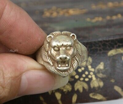 2.8CM Old Chinese Miao Silver Lion Head Beast Jewellery Hand Ring