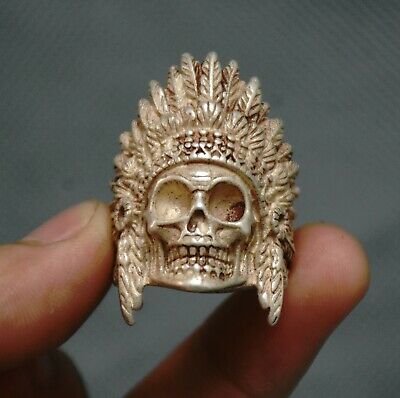 3.5cm Old Chinese Silver human skeleton King Skull Head Jewelry Hand Ring