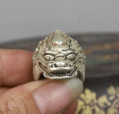 3.1CM Old Chinese Miao Silver unicorn Beast Head Beast Jewellery Hand Ring