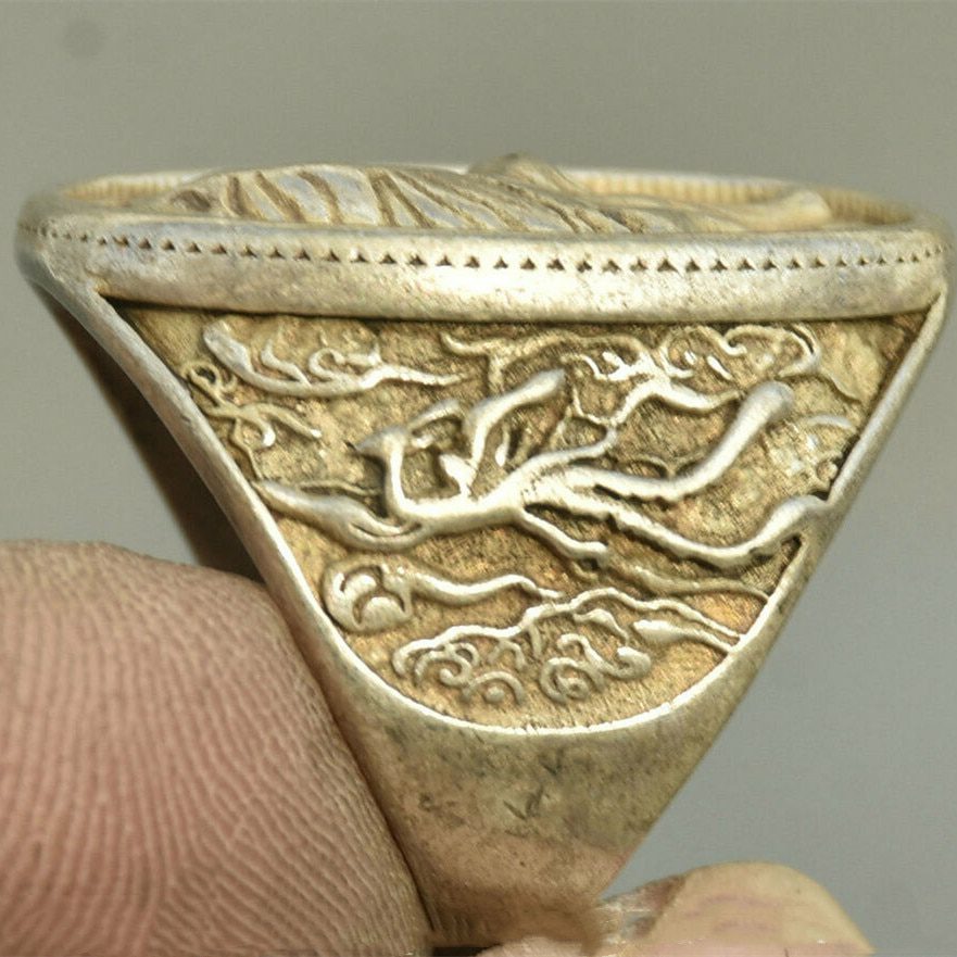 1" Chinese Tibetan Silver Carved Tiger Phoenix Jewelry Ring Ring Mascot Gift