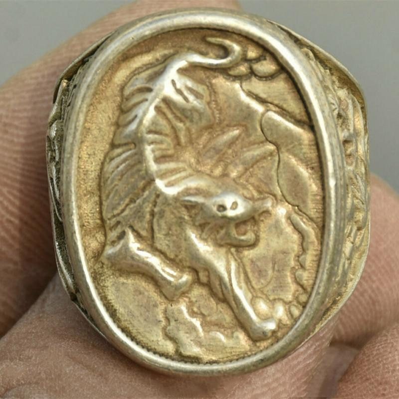 1" Chinese Tibetan Silver Carved Tiger Phoenix Jewelry Ring Ring Mascot Gift