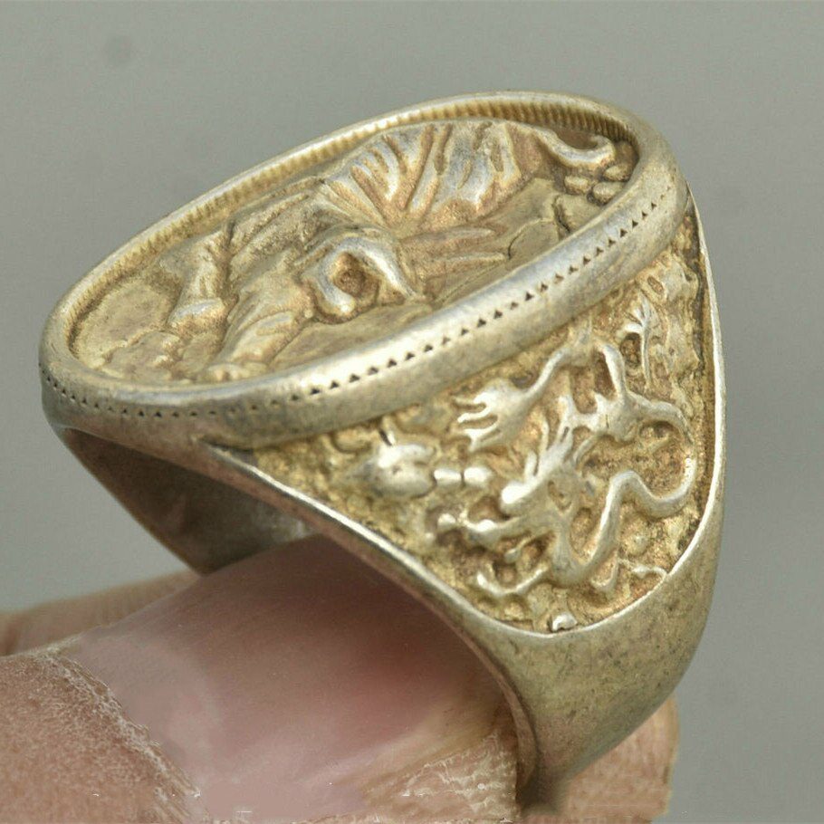 1" Chinese Tibetan Silver Carved Tiger Phoenix Jewelry Ring Ring Mascot Gift