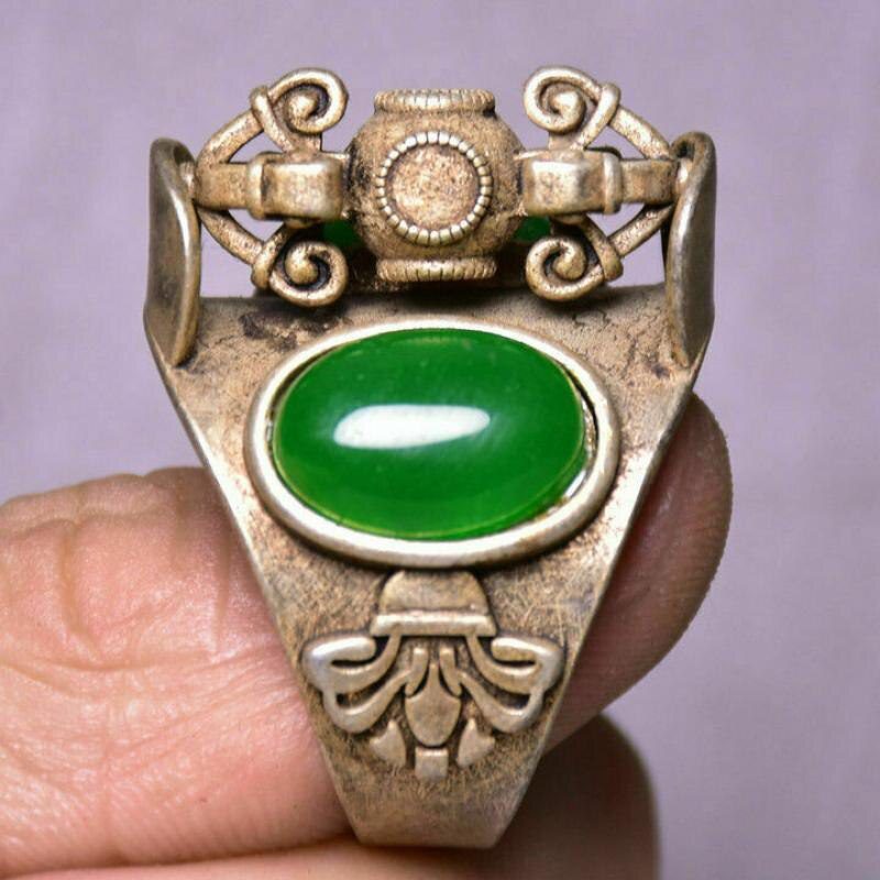 3Cm Marked Rare Old China Silver Inlay Green Jade Dynasty Palace Hand Ring