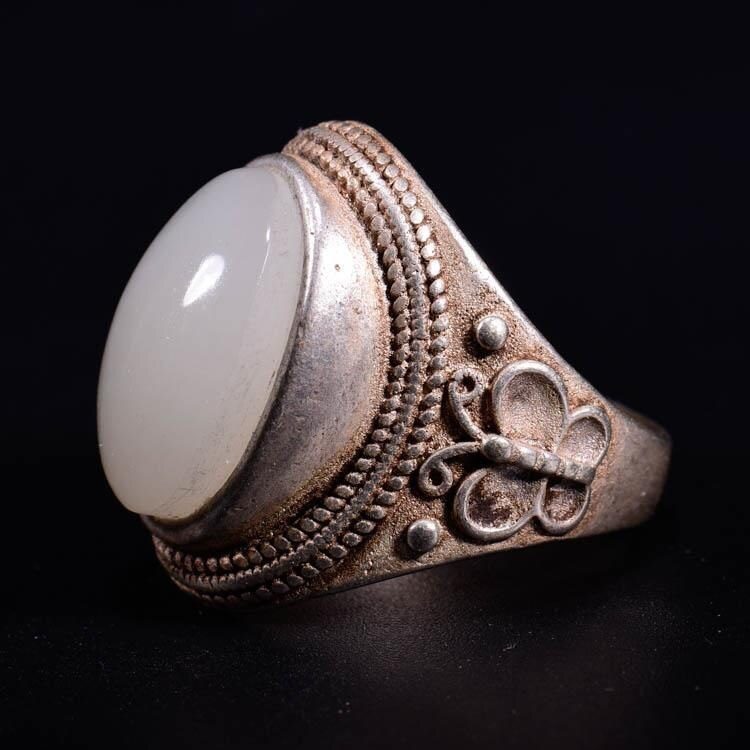 Old Chinese Folk Collect Tibetan Silver Inlay Jade Butterfly Amulet Ring Rings