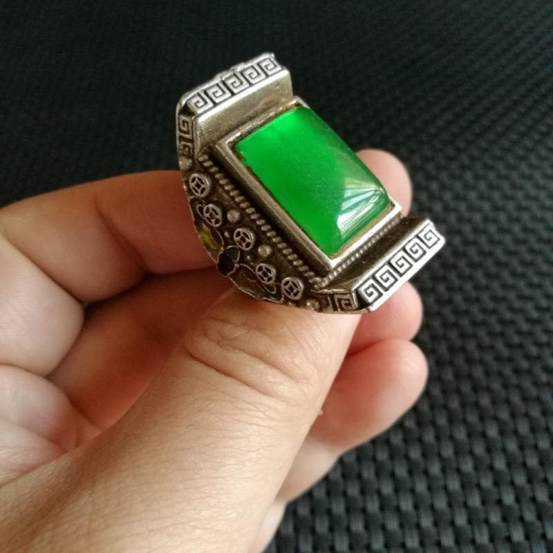 1.6" Old China Silver Inlay Gems Dynasty Palace Green Jade Butterfly Ring