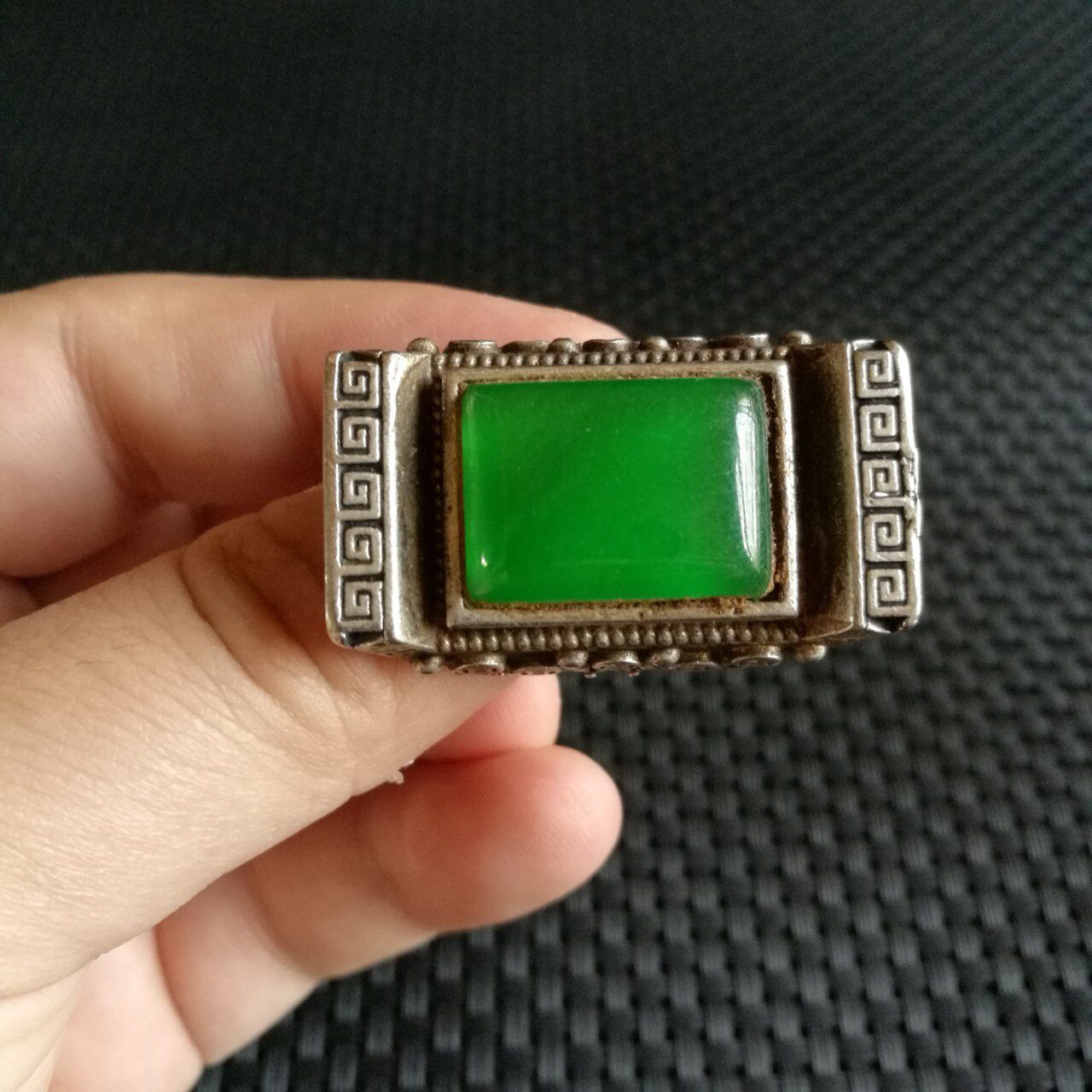 1.6" Old China Silver Inlay Gems Dynasty Palace Green Jade Butterfly Ring