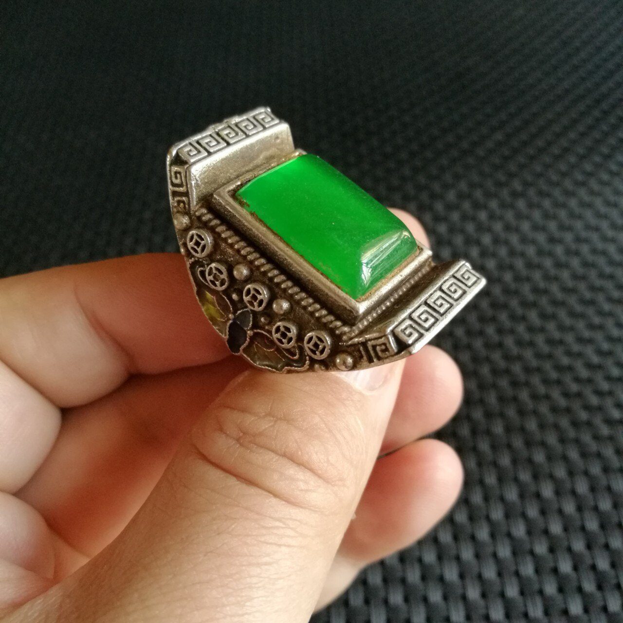 1.6" Old China Silver Inlay Gems Dynasty Palace Green Jade Butterfly Ring