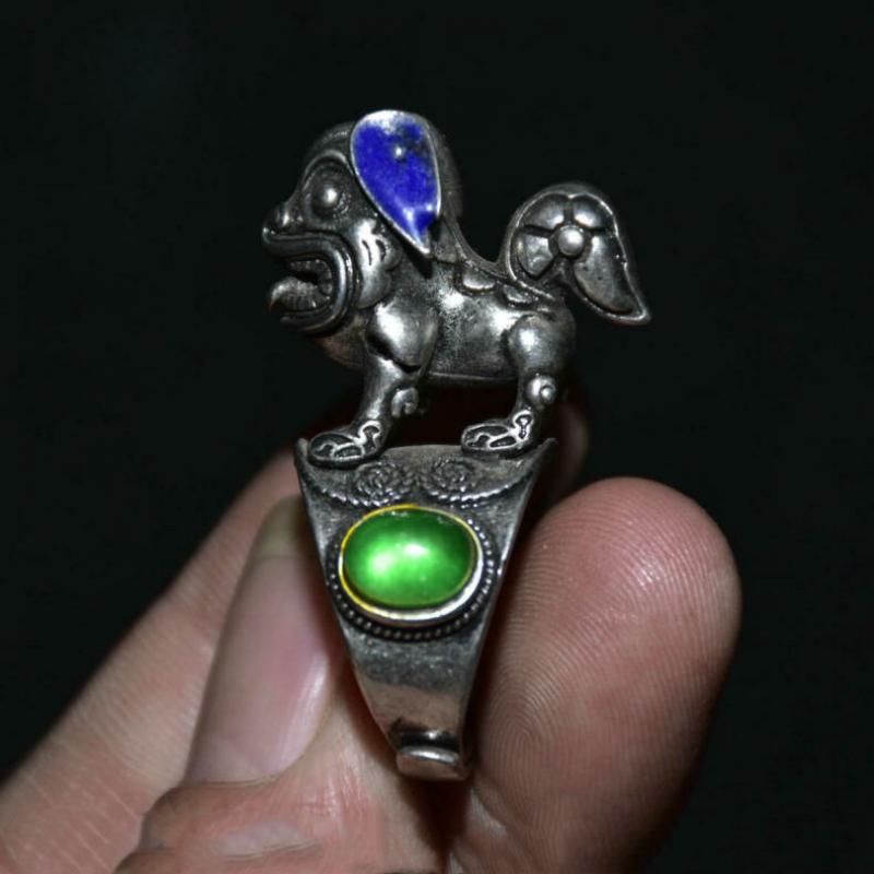 2" Rare Old Chinese Cloisonne Silver Inlay Green Jade Gem Lion Beast Ring Statues for Decoration Collection Ornaments Gift