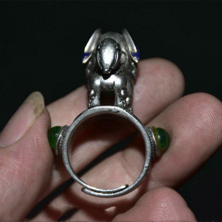 2" Rare Old Chinese Cloisonne Silver Inlay Green Jade Gem Lion Beast Ring Statues for Decoration Collection Ornaments Gift