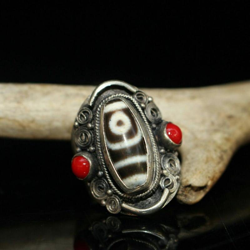 Chinese Old Craft Made Old Tibetan Silver Tianzhu Inlaid Ring