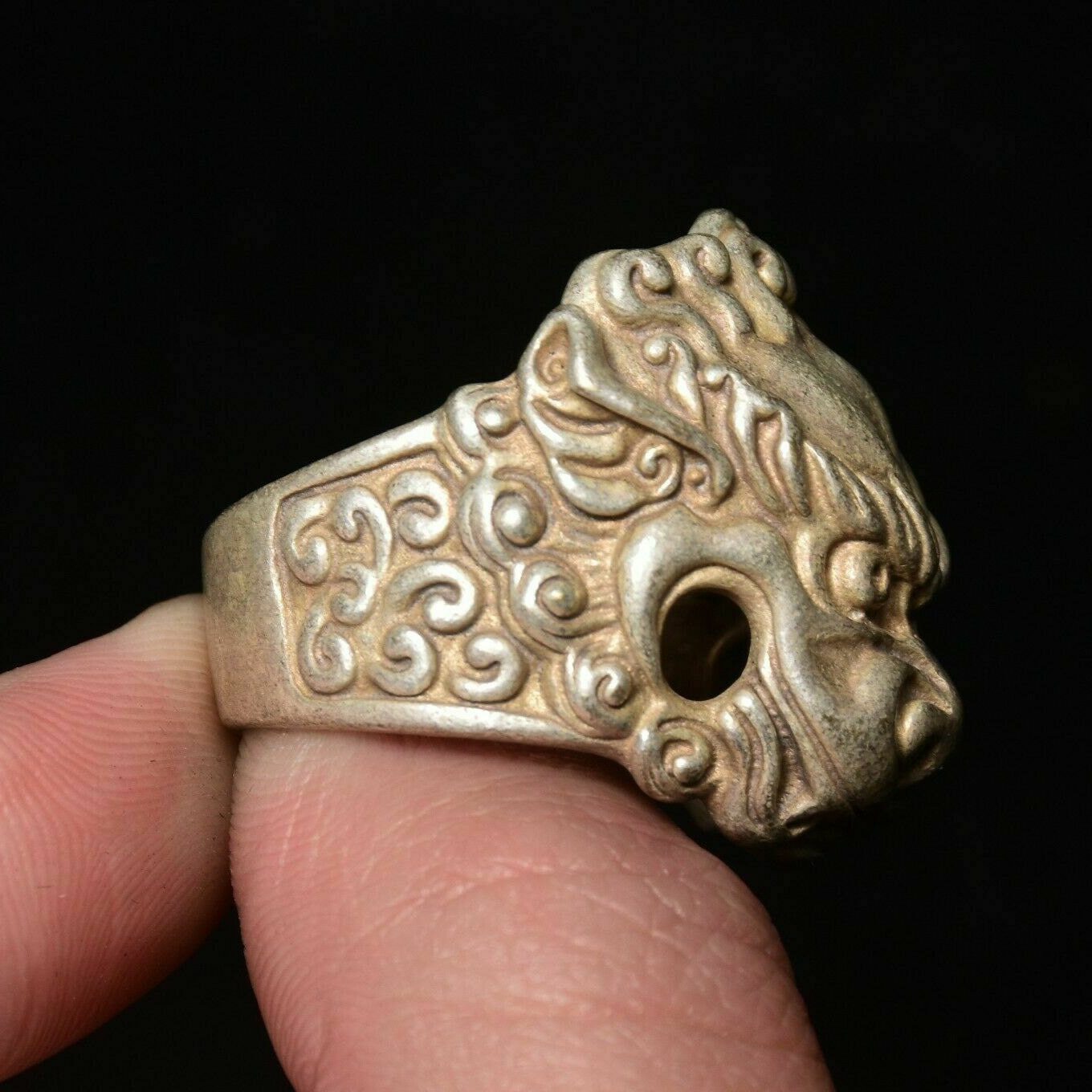 1.2" Rare Old Chinese Silver Dynasty Palace Animal Leo Lion Head Ring Rings Statues et Sculptures Gift