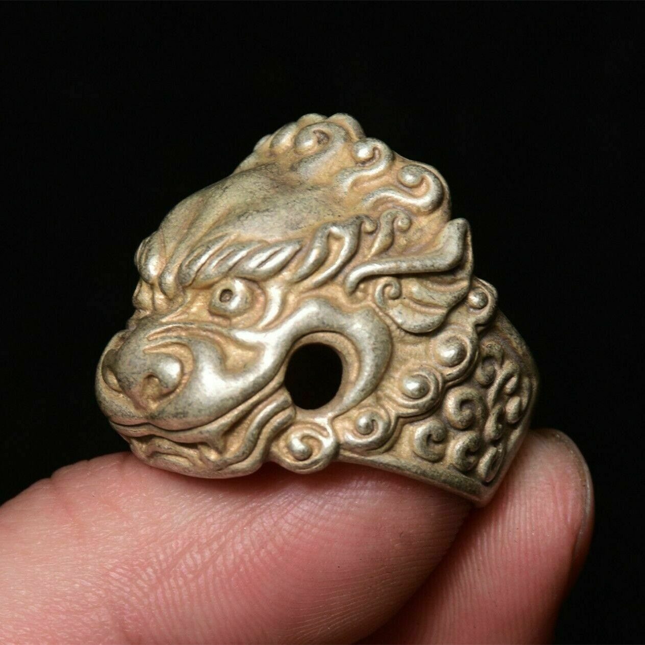 1.2" Rare Old Chinese Silver Dynasty Palace Animal Leo Lion Head Ring Rings Statues et Sculptures Gift