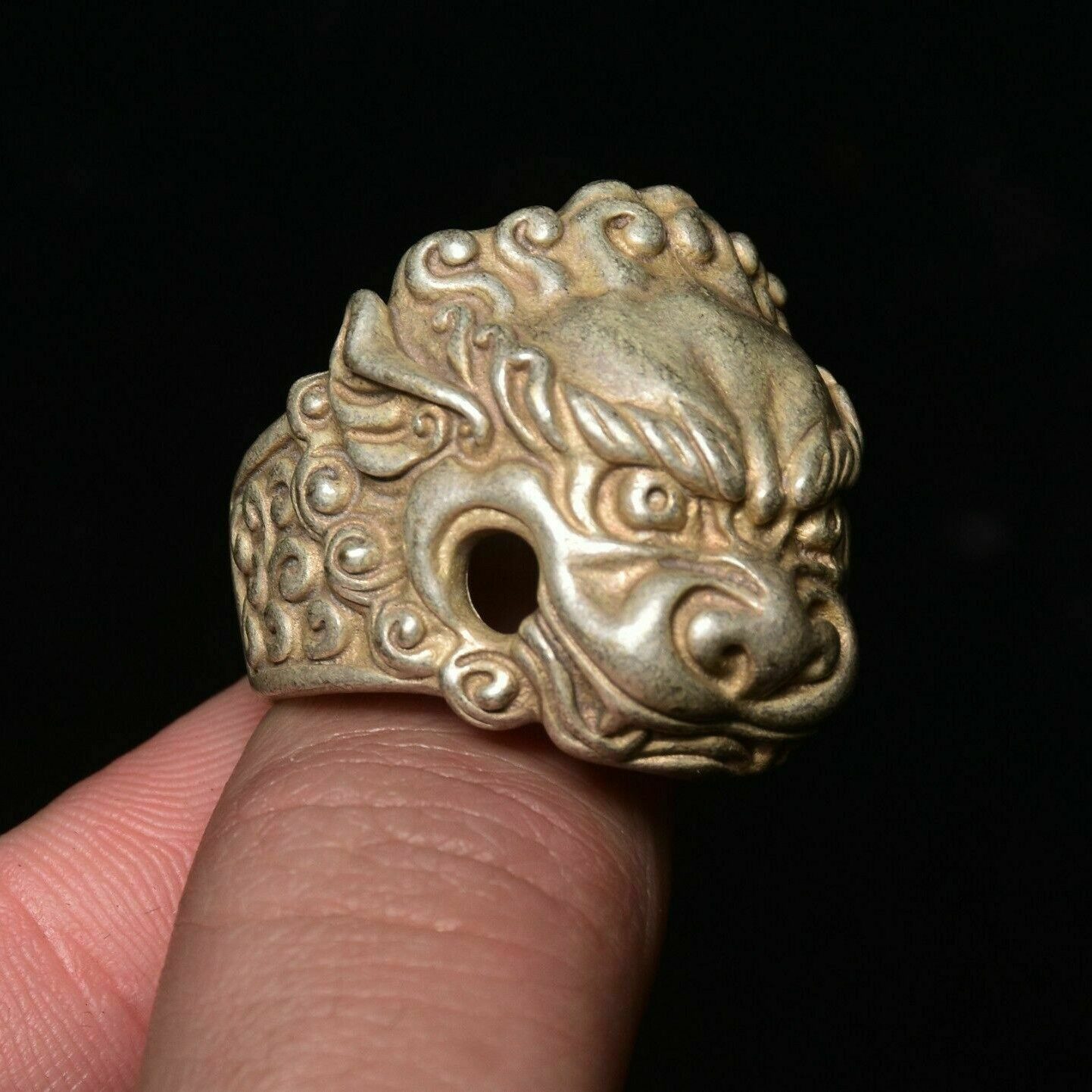 1.2" Rare Old Chinese Silver Dynasty Palace Animal Leo Lion Head Ring Rings Statues et Sculptures Gift